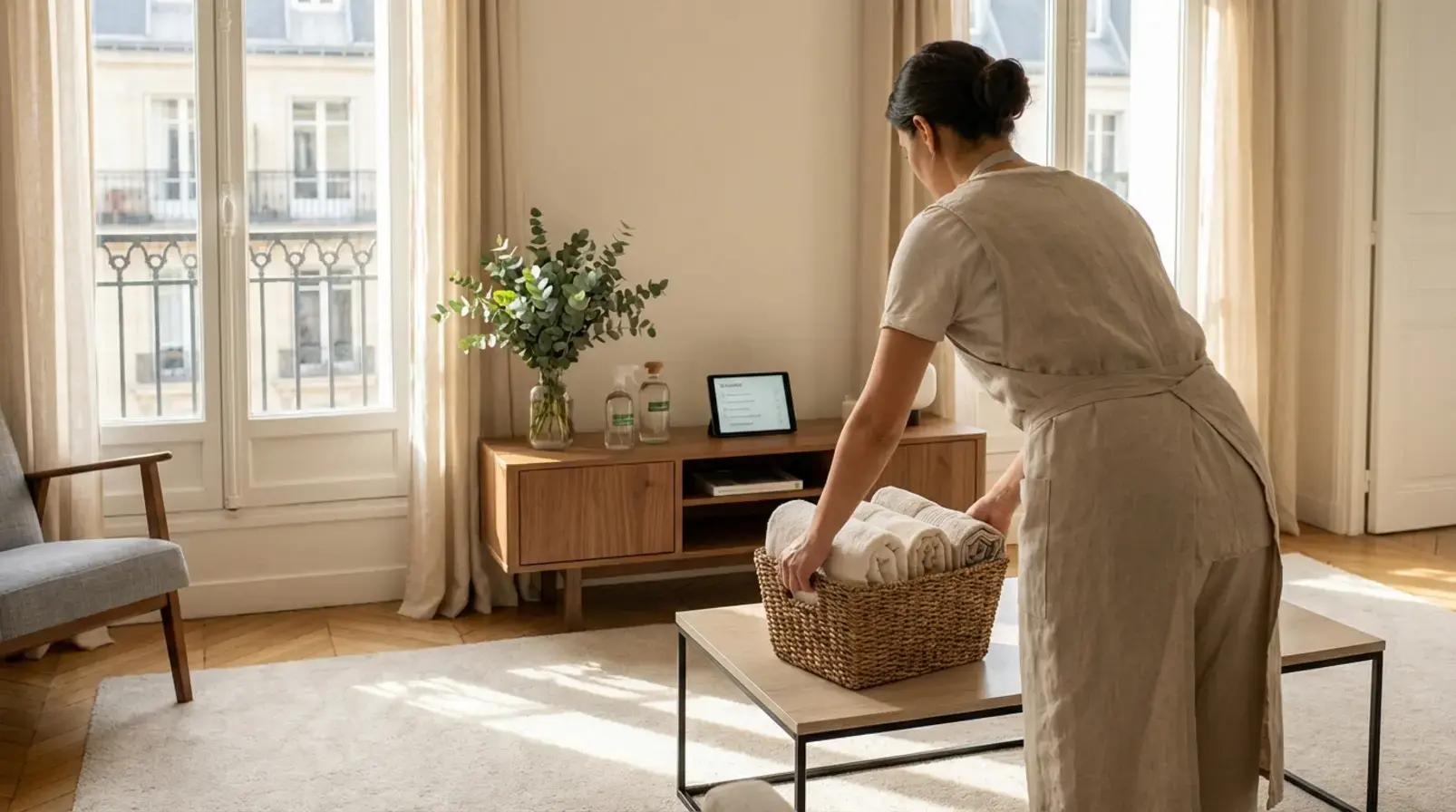 Kit de turnover Airbnb pour ménage entre deux séjours : linge plié, produits de nettoyage et checklist