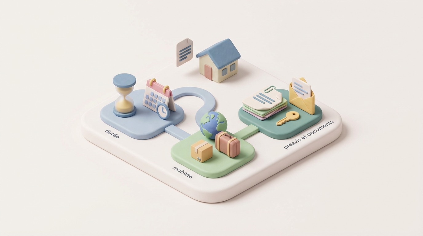 Contrat de bail mobilité sur un bureau avec stylo et trousseau de clés (sans données visibles)