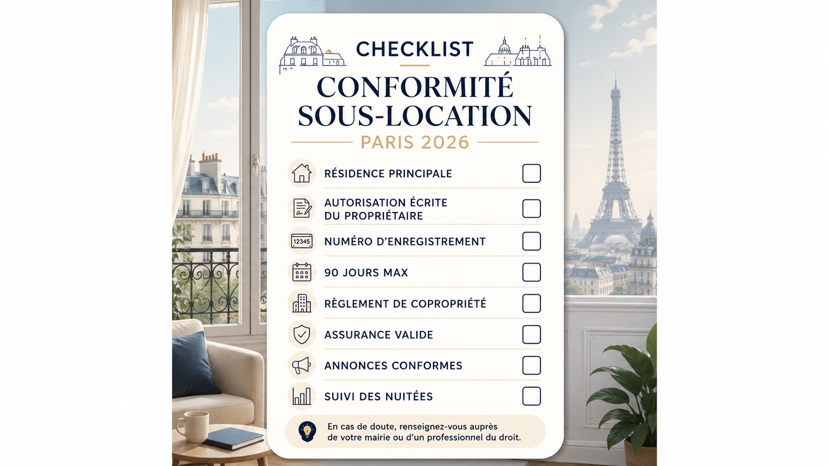Checklist conformité sous-location Paris 2026 avec bail, autorisation propriétaire, assurance et calendrier