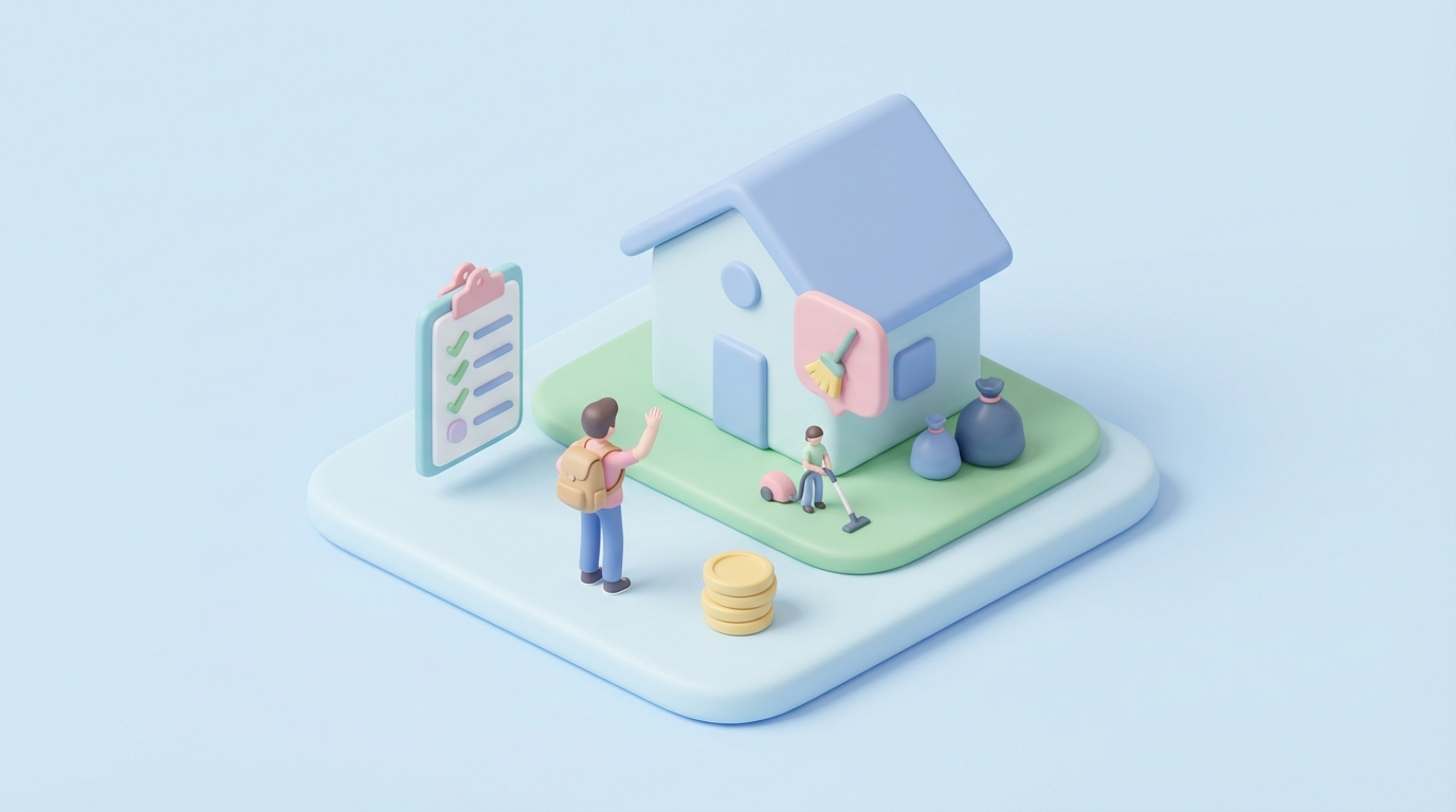 Checklist de ménage de départ Airbnb avec clés, gants et produits sur une table