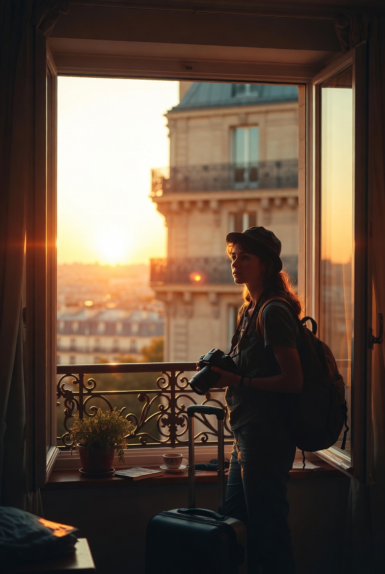 Voyageuse contemplant Paris avant son départ