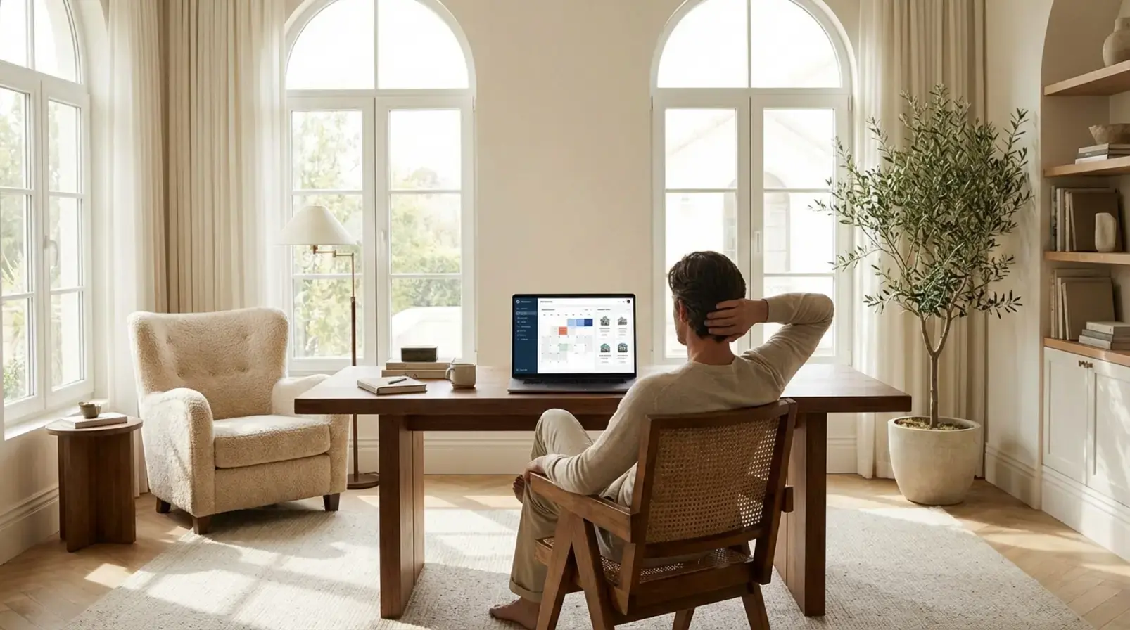 Bureau avec ordinateur affichant un planning de réservations et checklist de gestion Airbnb