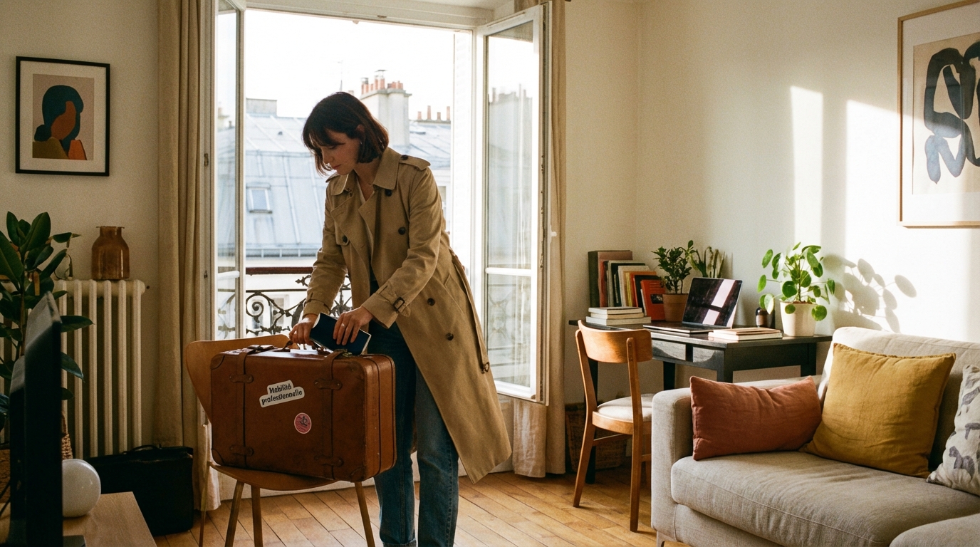 Appartement parisien prêt à être loué pendant un voyage avec valise et trousseau de clés