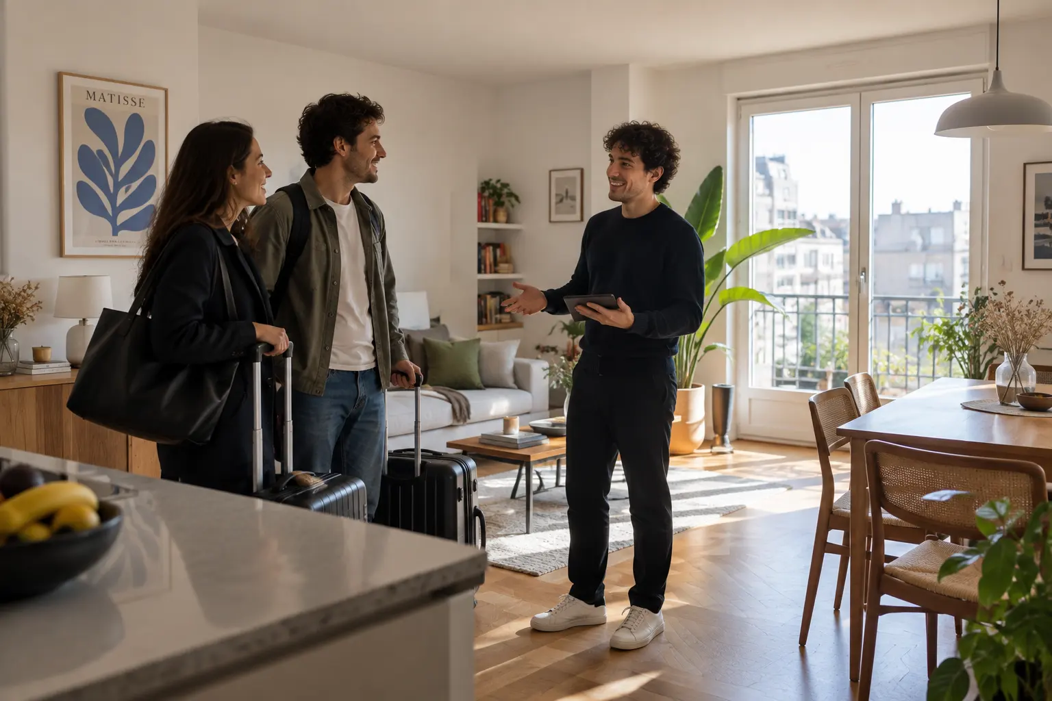 Accueil de voyageurs avec leurs valises dans un appartement parisien
