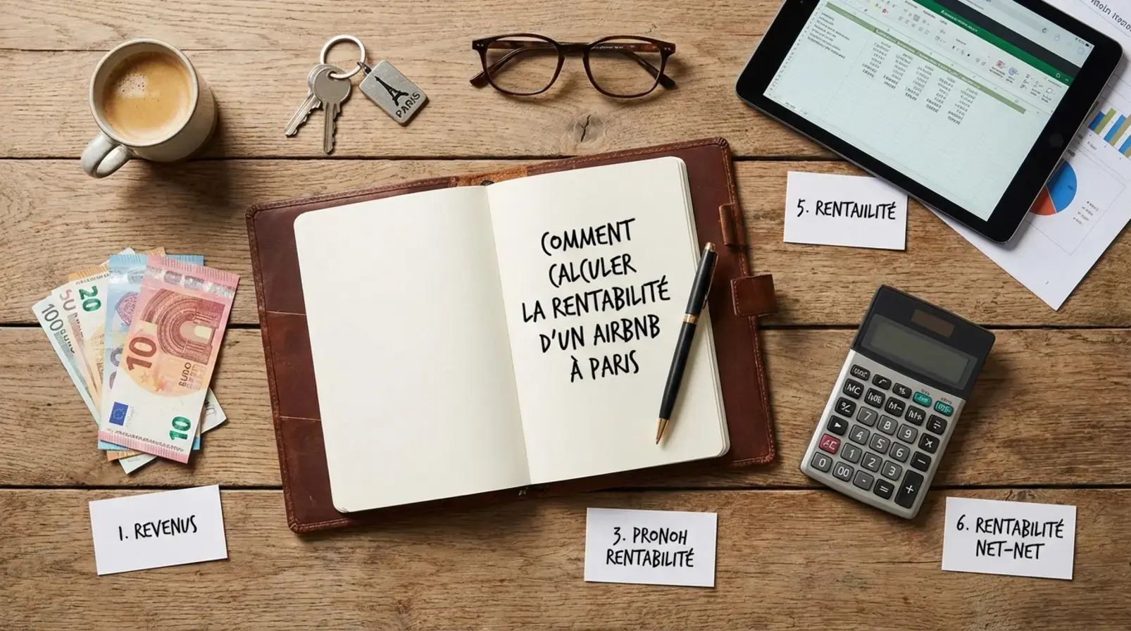 Modèle de calcul brut vers net pour un Airbnb à Paris avec postes de charges et frais