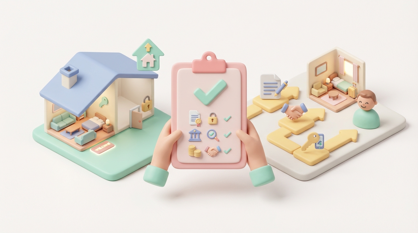 Checklist de sous-location Airbnb posée sur une table avec clés et contrat de location