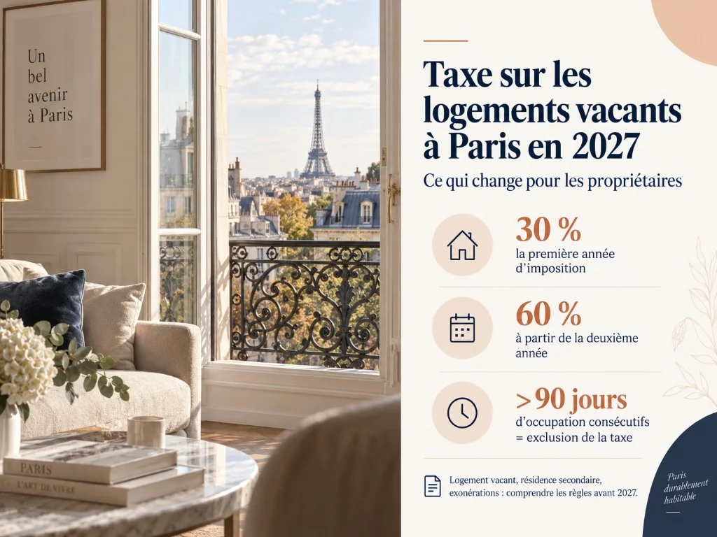 En bref : taxe sur les logements vacants à Paris en 2027 — 30 % la première année d’imposition, 60 % à partir de la deuxième année, exclusion si occupation de plus de 90 jours consécutifs