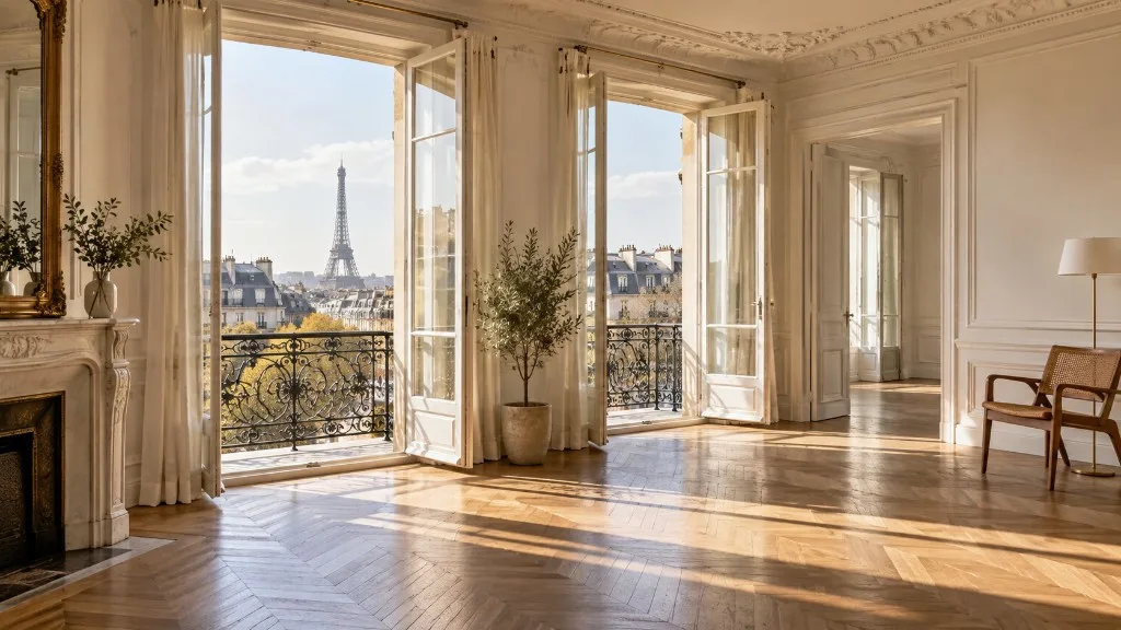 Appartement parisien vacant, fenêtres ouvertes sur la Tour Eiffel